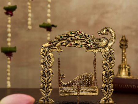 Jhula - 11 x 11 Inches | Gold Polish & Peacock Design Palana  Aluminium Jhoola for Deity  810 Gms Approx on Sale