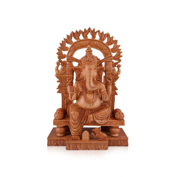 Ganesh Murti With Arch - 12 x 8 Inches | Wooden Statue  Ganpati Murti  Vinayaka Statue Sitting On Chowki for Pooja Discount