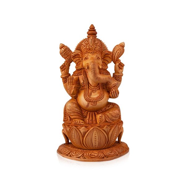 Ganesh Murti Sitting On Flower - 8 x 5 Inches | Wooden Statue  Ganpati Murti  Vinayaka Statue for Pooja For Discount