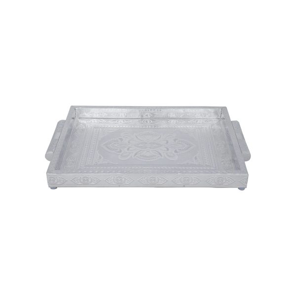 Decorative Tray - 1.5 x 14 x 10 Inches | Wooden Serving Tray  Silver Polish Thali Plate for Pooja  835 Gms Fashion