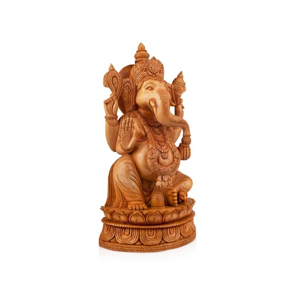 Ganesh Murti Sitting On Kamal Flower - 16 x 9 Inches | Wooden Statue  Ganpati Murti  Vinayaka Statue for Pooja Fashion