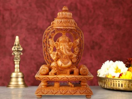 Ganesh Murti With Arch - 10 x 7.5 Inches | Wooden Statue  Ganpati Murti Sitting On Chowki for Pooja Online Hot Sale