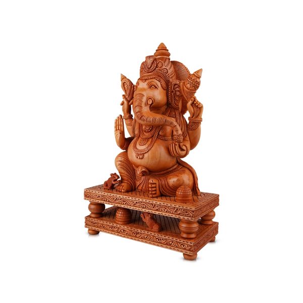 Ganesh Murti Sitting On Double Chowki - 12 x 8.5 Inches | Wooden Statue  Ganpati Murti  Vinayaka Statue for Pooja Online Hot Sale