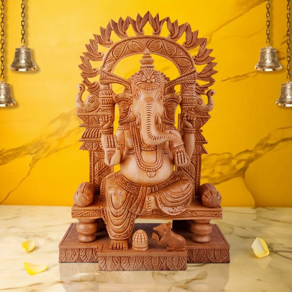 Ganesh Murti With Arch - 12 x 8 Inches | Wooden Statue  Ganpati Murti  Vinayaka Statue Sitting On Chowki for Pooja Discount