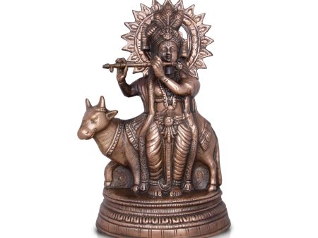 Cow Krishna Murti - 20 x 12 Inches | Copper Oxidised Cow Krishna Statue  Krishna Idol for Pooja  2.800 Kgs Online now