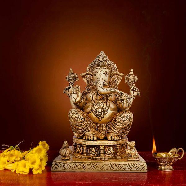 Ganesh Murti - 11 x 7 Inches | Antique Brass Idol  Vinayaka Statue  Ganpati Idol for Pooja  6.500 Kgs Approx on Sale