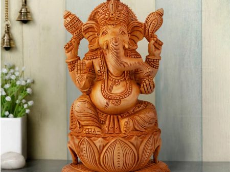 Ganesh Murti Sitting On Flower - 8 x 5 Inches | Wooden Statue  Ganpati Murti  Vinayaka Statue for Pooja For Discount