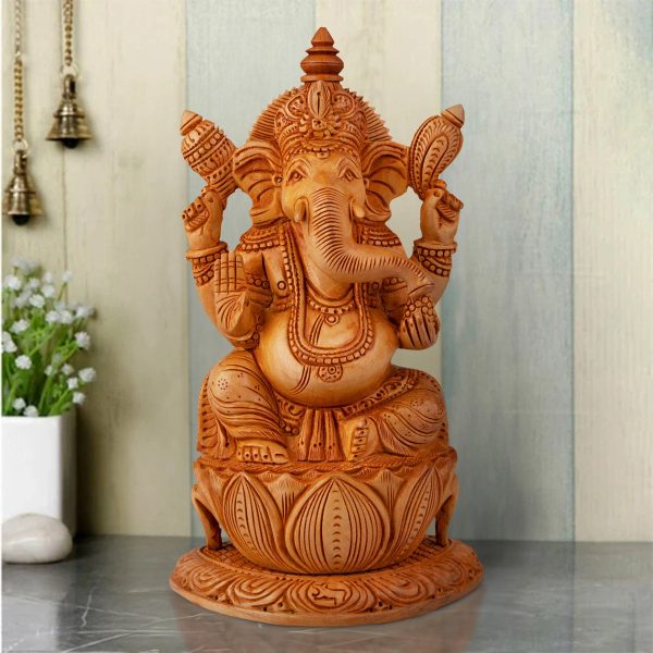 Ganesh Murti Sitting On Flower - 8 x 5 Inches | Wooden Statue  Ganpati Murti  Vinayaka Statue for Pooja For Discount