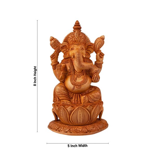 Ganesh Murti Sitting On Flower - 8 x 5 Inches | Wooden Statue  Ganpati Murti  Vinayaka Statue for Pooja For Discount