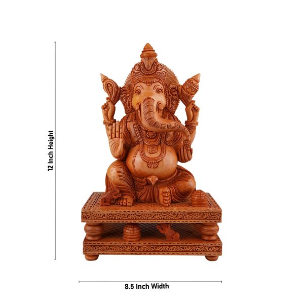 Ganesh Murti Sitting On Double Chowki - 12 x 8.5 Inches | Wooden Statue  Ganpati Murti  Vinayaka Statue for Pooja Online Hot Sale