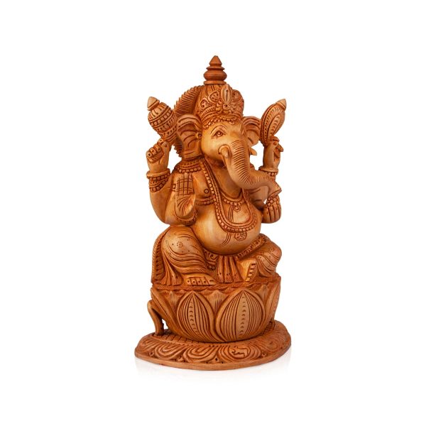 Ganesh Murti Sitting On Flower - 8 x 5 Inches | Wooden Statue  Ganpati Murti  Vinayaka Statue for Pooja For Discount