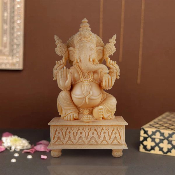 Ganesh Murti Sitting On Chowki - 10 x 6 Inches | Marble Dust Murti  Ganpati Murti  Vinayaka Statue for Pooja Cheap