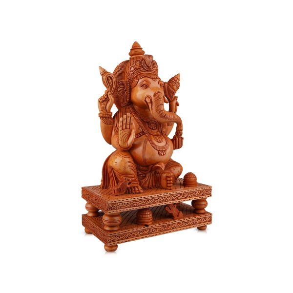 Ganesh Murti Sitting On Double Chowki - 12 x 8.5 Inches | Wooden Statue  Ganpati Murti  Vinayaka Statue for Pooja Online Hot Sale