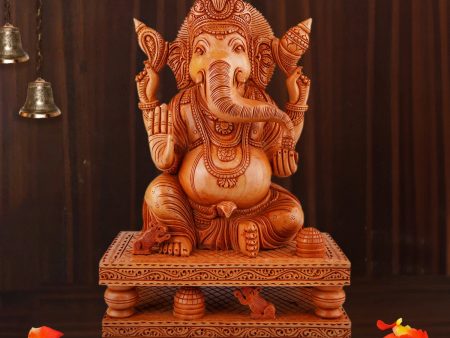 Ganesh Murti Sitting On Double Chowki - 12 x 8.5 Inches | Wooden Statue  Ganpati Murti  Vinayaka Statue for Pooja Online Hot Sale