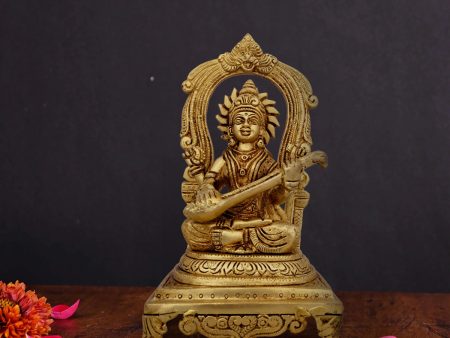 Saraswati Murti With Arch - 9 x 5 Inches | Antique Brass Idol  Saraswati Idol Sittting On Chowki for Pooja  2.200 Kgs on Sale