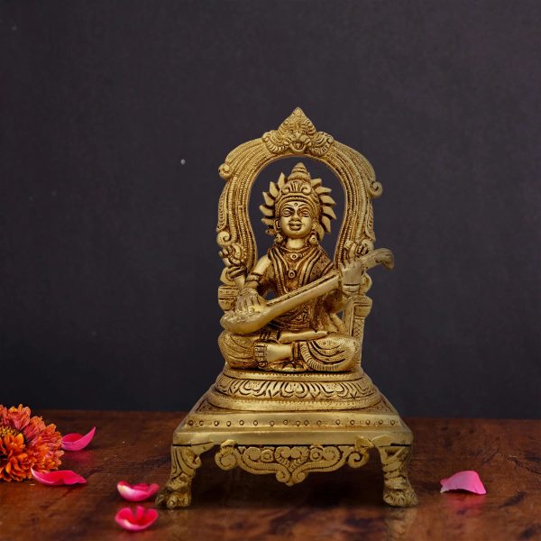 Saraswati Murti With Arch - 9 x 5 Inches | Antique Brass Idol  Saraswati Idol Sittting On Chowki for Pooja  2.200 Kgs on Sale