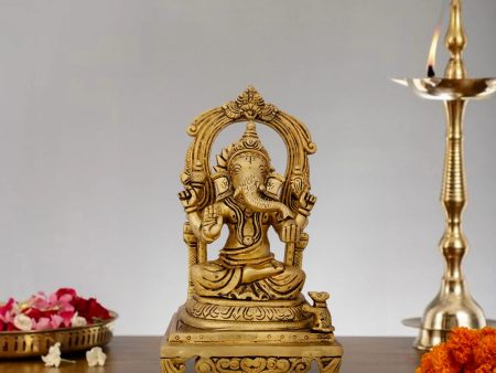 Ganesh Murti With Arch - 9 x 5 Inches | Antique Brass Idol  Vinayaka Statue Sitting On Chowki for Pooja  2.460 Kgs Online now