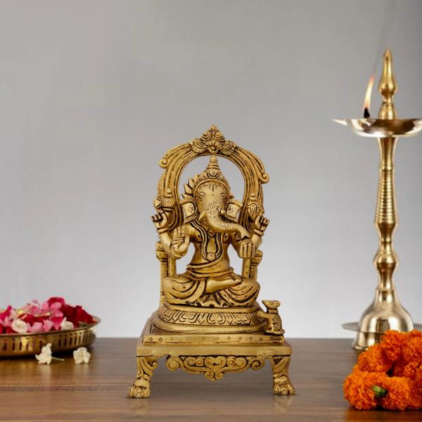 Ganesh Murti With Arch - 9 x 5 Inches | Antique Brass Idol  Vinayaka Statue Sitting On Chowki for Pooja  2.460 Kgs Online now