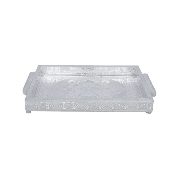 Decorative Tray - 1.5 x 12 x 8 Inches | Wooden Plate  Silver Polish Thali Tray for Pooja  660 Gms Approx Sale