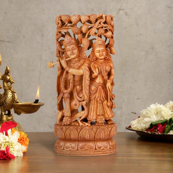 Radha Krishna Murti - 15 x 7 Inches | Wooden Statue  Radha Krishna Idol Standing Under Tree for Pooja Online now