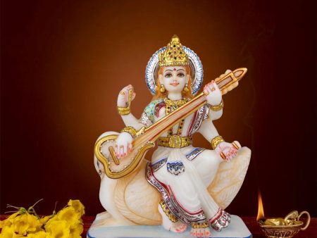 Saraswati Murti - 10 x 8 Inches | Marble Murti  Saraswati Idol Sitting On Swan  Painted Saraswati Statue for Pooja Online Hot Sale