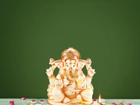 Ganesh Murti Sitting On Chowki - 9 x 8 Inches | Resin Statue  Ganpati Murti  Vinayaka Statue for Pooja For Sale