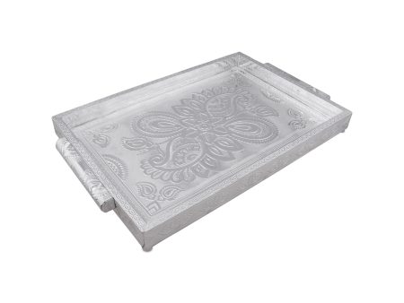 Decorative Tray - 1.5 x 16 x 11 Inches | Wooden Serving Tray  Silver Polish Thali Plate for Pooja  1.150 Kgs For Sale