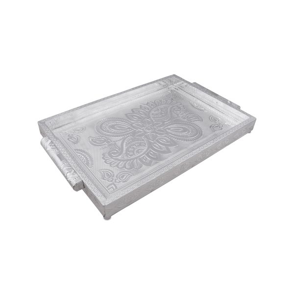 Decorative Tray - 1.5 x 16 x 11 Inches | Wooden Serving Tray  Silver Polish Thali Plate for Pooja  1.150 Kgs For Sale