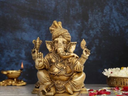 Pagadi Ganesh Murti - 10 x 8 Inches | Antique Brass Idol  Ganpati Idol  Vinayaka Statue for Pooja  5.700 Kgs Online Sale