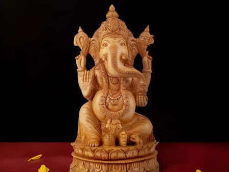 Ganesh Murti Sitting On Kamal Flower - 16 x 9 Inches | Wooden Statue  Ganpati Murti  Vinayaka Statue for Pooja Fashion