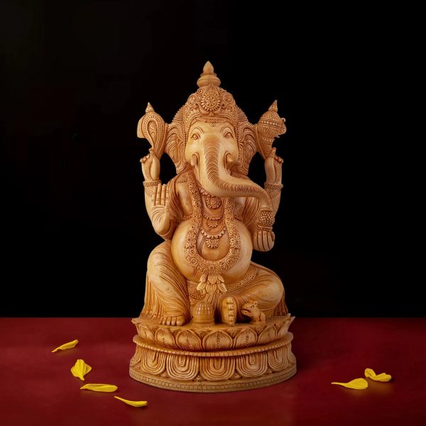 Ganesh Murti Sitting On Kamal Flower - 16 x 9 Inches | Wooden Statue  Ganpati Murti  Vinayaka Statue for Pooja Fashion