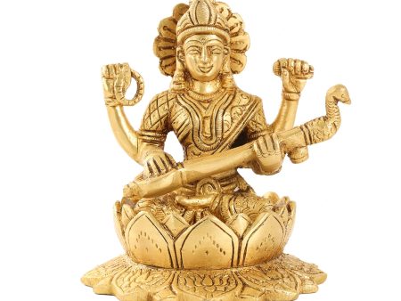 Saraswati Murti Sitting On Lotus - 5.5 x 4 Inches | Antique Brass Idol  Saraswati Idol for Pooja  1.290 Kgs Approx Discount