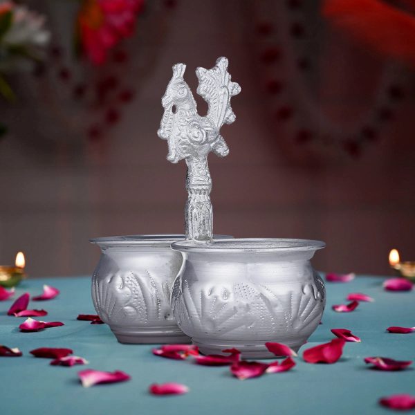 2 Cups Chomukha With Annam Handle - 5 x 5 Inches | German Silver Panchwala  Kumkum Holder for Pooja  170 Gms on Sale