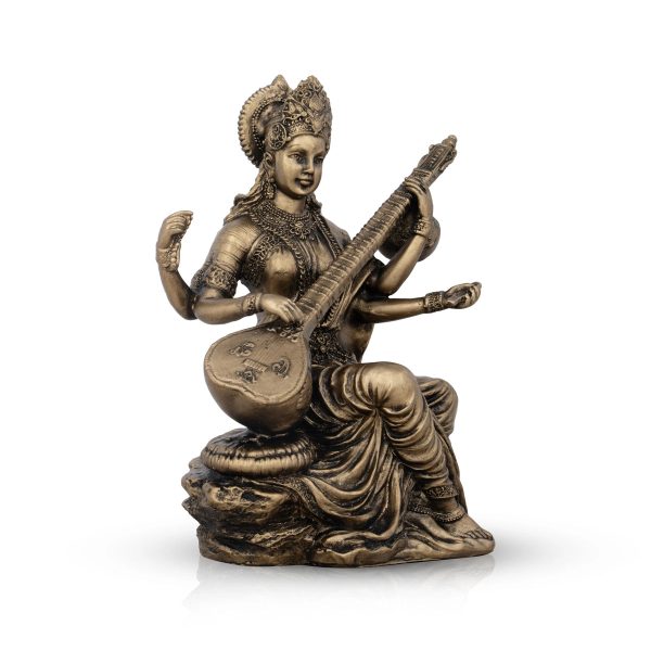 Saraswati Murti - 6 x 4 Inches | Resin Statue  Brass Polish Saraswati Idol for Pooja  445 Gms Approx For Cheap