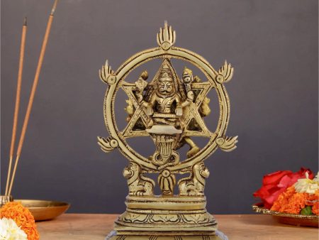 Chakrathazhwar Idol - 7 x 5 Inches | Antique Brass Idol  Chakrathalwar Statue for Pooja  1.040 Kgs Approx For Sale