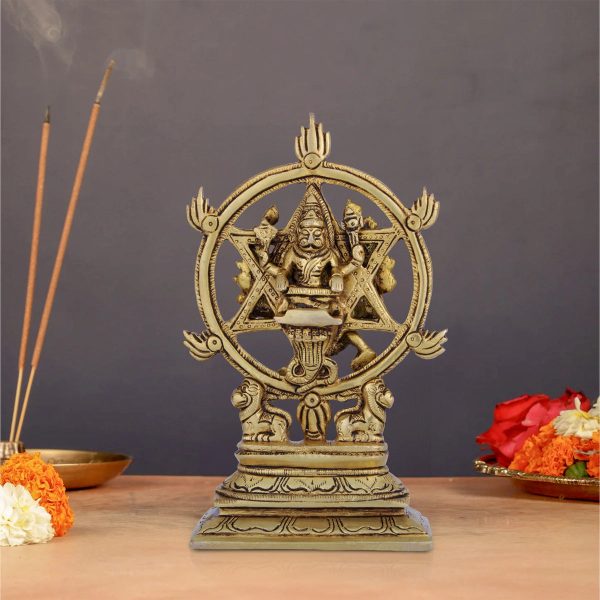 Chakrathazhwar Idol - 7 x 5 Inches | Antique Brass Idol  Chakrathalwar Statue for Pooja  1.040 Kgs Approx For Sale