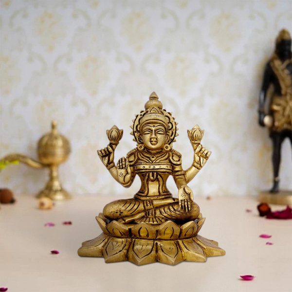 Lakshmi Idol - 5.5 x 4.5 Inches | Antique Brass Idol  Laxmi Murti  Lakshmi Murti for Pooja  1.410 Kgs Approx on Sale