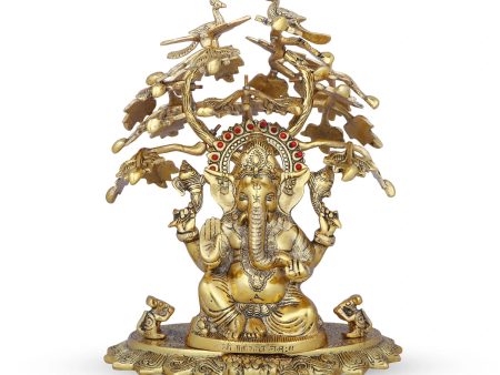 Ganesh Murti Sitting Under Tree - 16 x 12 Inches | Aluminium Statue  Ganapati Idol for Pooja  3.180 Kgs Approx For Sale