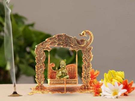 Jhula - 10 x 11 Inches | Peacock Design Jhoola  Aluminium Material  Laddu Gopal Jhula  Krishna Jhula for Deity Online now