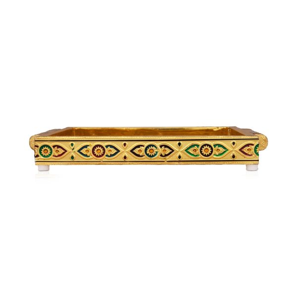 Pooja Tray - 7 x 10 Inches | Thali Tray  Wooden Plate  Gold Polish Meenakari Design Plate for Home  525 Gms Approx Discount