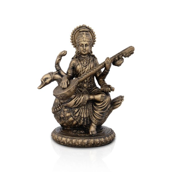 Saraswati Murti - 8 x 7 Inches | Resin Statue  Brass Polish Saraswati Idol for Pooja  995 Gms Approx For Discount