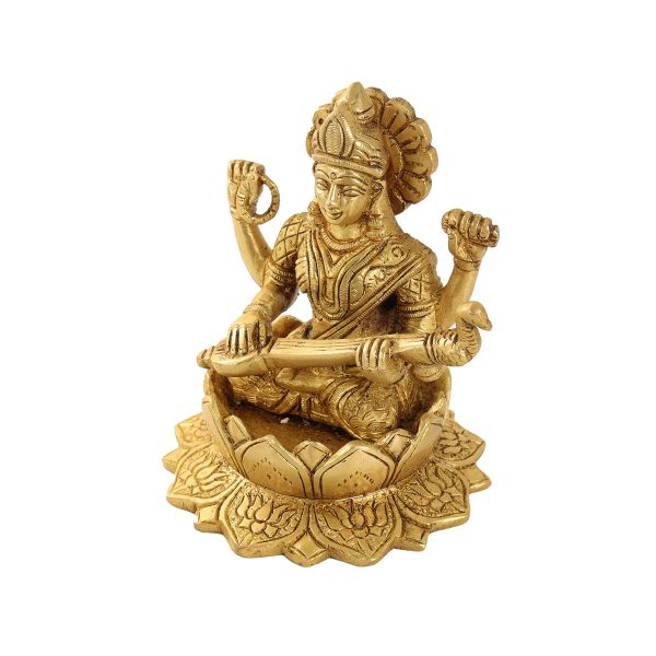 Saraswati Murti Sitting On Lotus - 5.5 x 4 Inches | Antique Brass Idol  Saraswati Idol for Pooja  1.290 Kgs Approx Discount