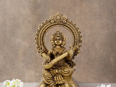 Saraswati Murti With Arch - 8 x 5.5 Inches | Antique Brass Idol  Saraswati Idol for Pooja  2.060 Kgs Approx For Cheap