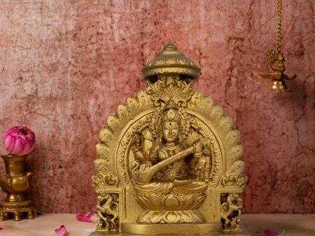 Simhasan Saraswati Murti - 5 x 4 Inches | Resin Statue  Gold Polish Saraswati Idol for Pooja  300 Gms Approx Online Sale