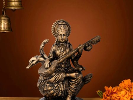 Saraswati Murti - 8 x 7 Inches | Resin Statue  Brass Polish Saraswati Idol for Pooja  995 Gms Approx For Discount