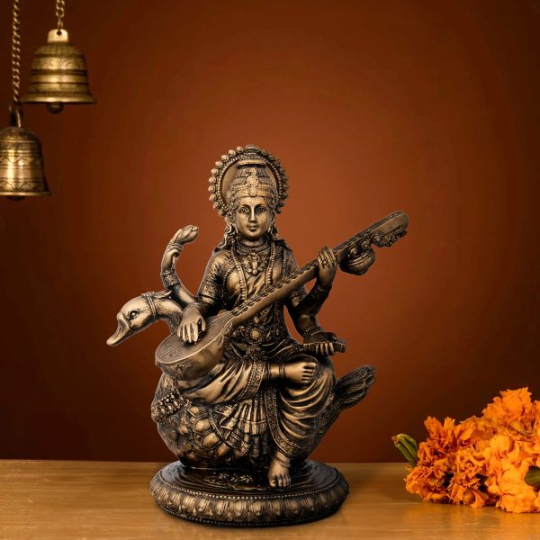 Saraswati Murti - 8 x 7 Inches | Resin Statue  Brass Polish Saraswati Idol for Pooja  995 Gms Approx For Discount