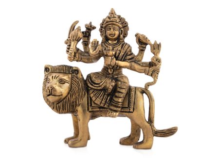 Durga Devi With Lion 8 Hands - 4 x 4 Inches | Antique Brass Idol  Durga Murti for Pooja  600 Gms Approx Sale