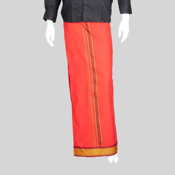 Cotton Veshti - 2 Mtrs | Padayappa Border Dhoti  Red Colour Vesti for Men For Discount