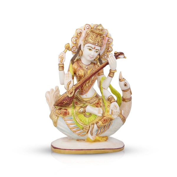 Saraswati Murti - 8 x 7.5 Inches | Saraswati Idol Sitting On Swan  Resin Statue for Pooja  1.040 Kgs Approx Supply