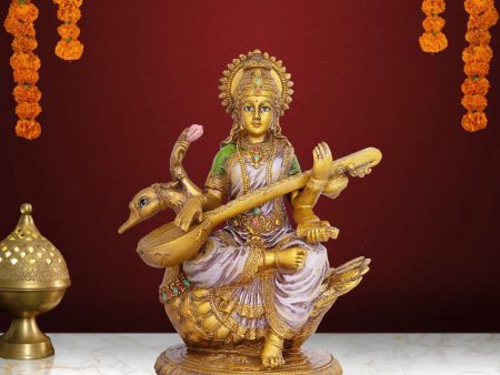 Saraswati Murti - 8.5 x 6 Inches | Saraswati Moorti Sitting On Swan  Resin Statue for Pooja Online Sale